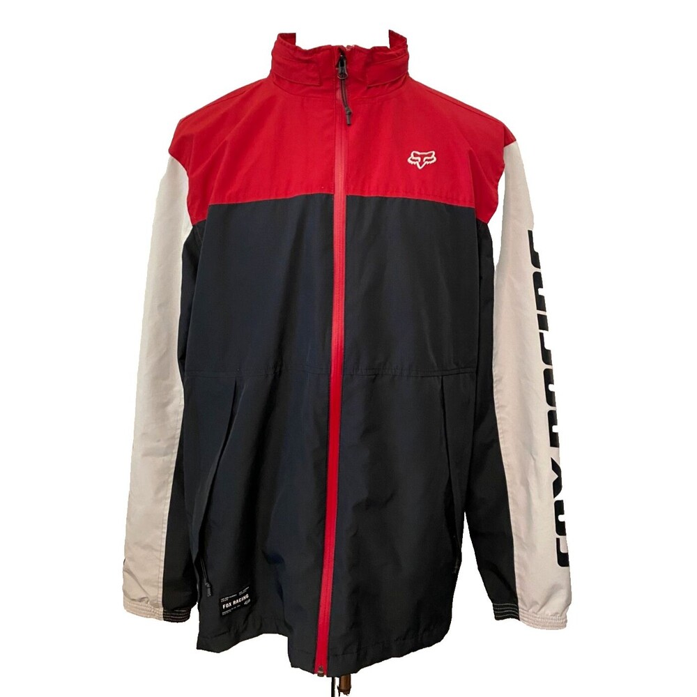 FOX RACING Men's XL Hard Shell Pit Jacket Black Gray Red Zip Hooded Windbreaker